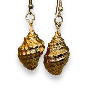 Gold Tone Conch Shell Dangle Drop Hook Earrings
